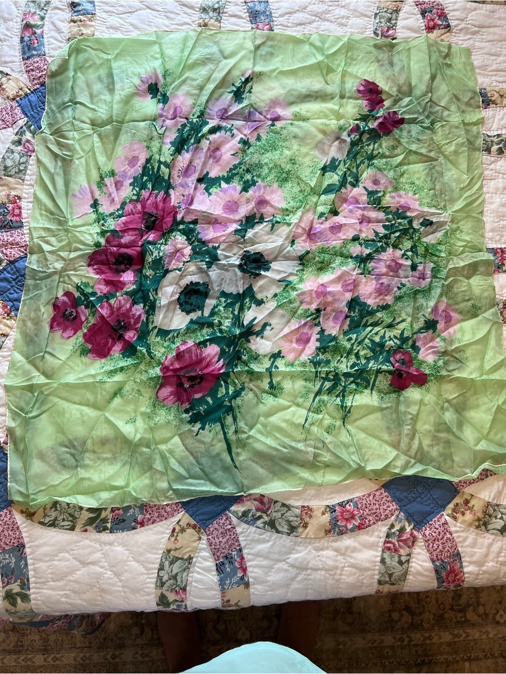 Vintage Sheer Floral Square Scarf Watercolor Poppy Daisy Print Pistachio Green